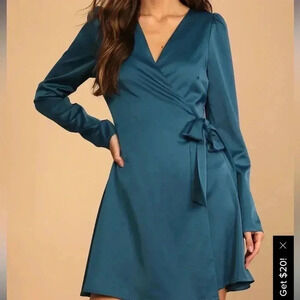 Lulus Festive Forever Teal Blue Satin Wrap Mini Dress Size Large